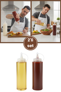 Kapaklı Şeffaf Yağdanlık ve Sosluk 2’li Set, Yağ Sirke Ketçap Mayonez Çikolata Şişesi 700 ml 2 Adet