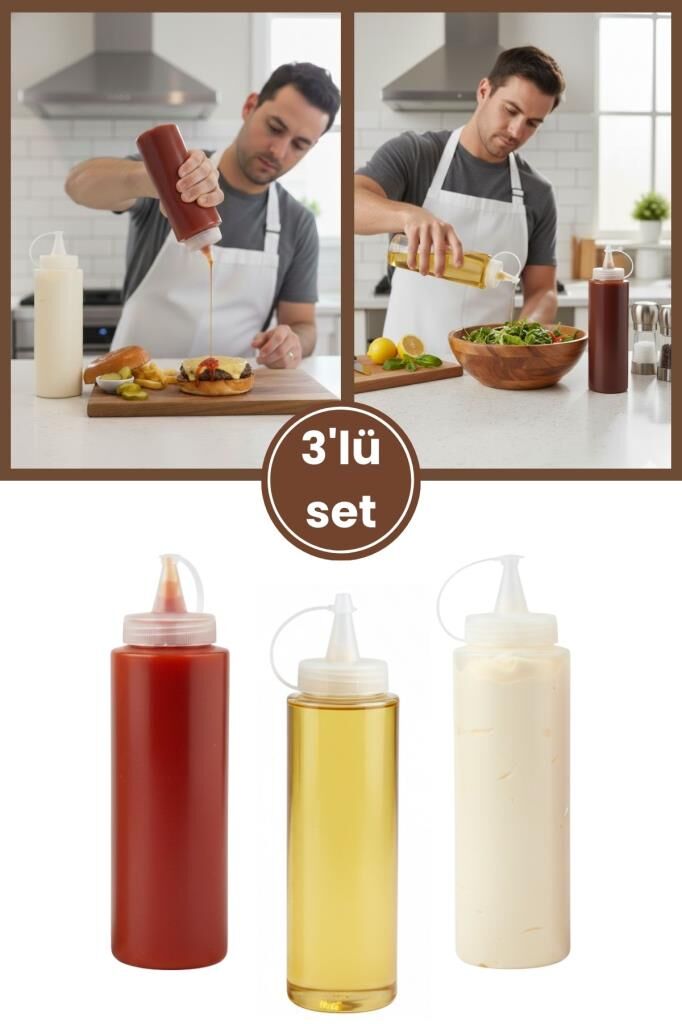 Kapaklı Sızdırmaz Şeffaf Yağdanlık ve Sosluk 3’lü Set, Yağ Ketçap Mayonez Şişesi 700 ml 3 Adet
