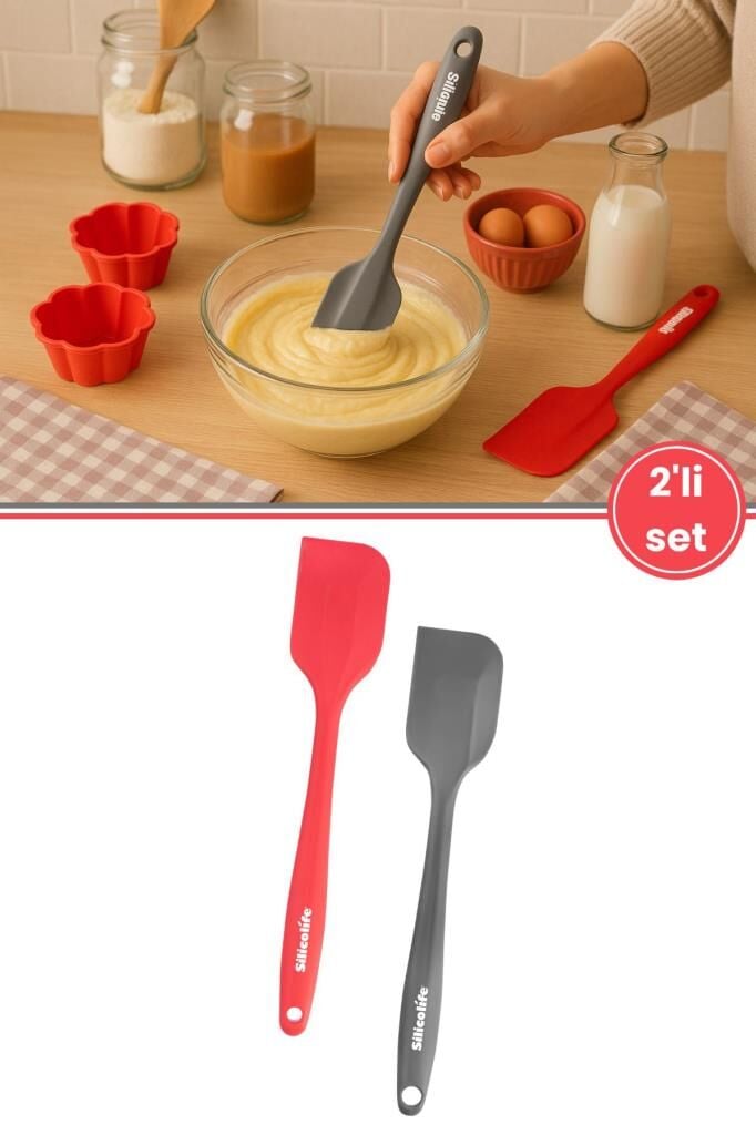 Silicolife 2’li Spatula Set, Isıya Dayanıklı Yanmaz Yapışmaz Silikon Spatula 2 Adet Kırmızı-Antrasit 21cm