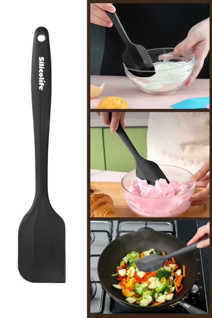 Silicolife Büyük Spatula, Isıya Dayanıklı Yanmaz Yapışmaz Tek Parça Silikon Spatula 26cm Siyah
