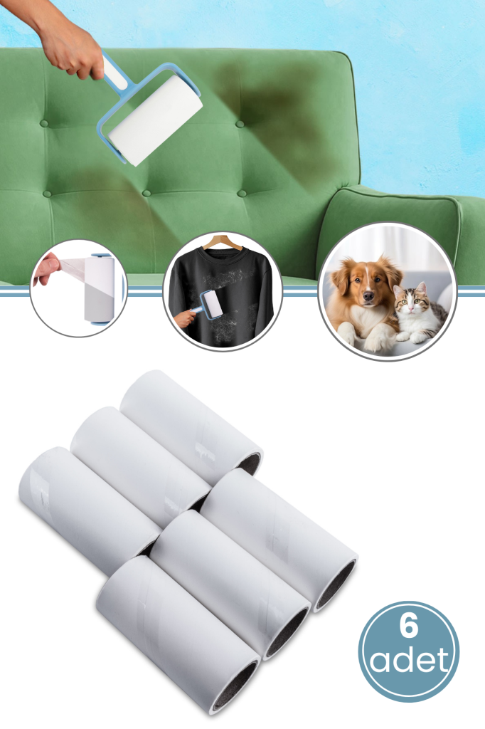 6'lı Tüy Toplayıcı Yedek Rulo Seti, Kedi Köpek Kıyafet Halı Rulo 60 Yaprak 10 cm (F407 Uyumlu)
