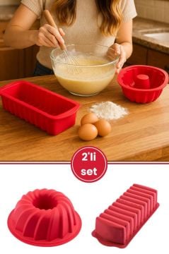 Silicolife 2’li Silikon Kek Kalıbı Seti, Baton Kek Kalıbı ve Burgu Kek Kalıbı Seti Yerli Üretim Kırmızı