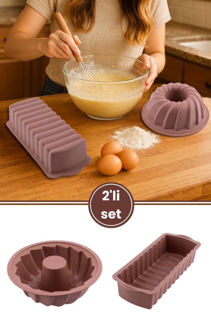 Silicolife 2’li Silikon Kek Kalıbı Seti, Baton Kek Kalıbı ve Burgu Kek Kalıbı Seti Yerli Üretim Kahve