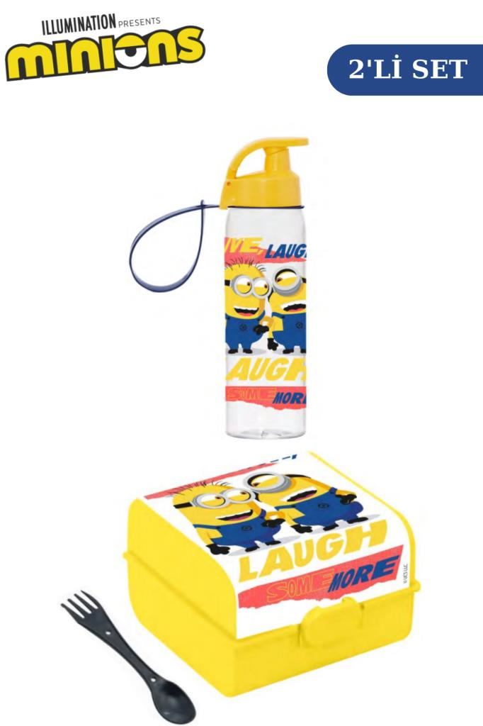 Flosoft Lisanslı Minions Matara ve Beslenme Kutusu, 3 Bölmeli Okul Beslenme Kabı ve Suluğu 2’li Set