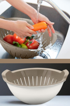 Flosoft Hazneli Makarna Süzgeci 25 cm, Badyalı Kulplu Sebze Meyve Yıkama Süzgeci 3 litre Kahve