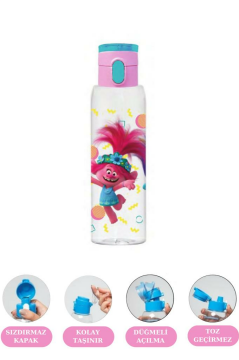 Flosoft Lisanslı Trolls Matara, Trolls Desenli Düğmeli Okul Suluğu, Sızdırmaz Öğrenci Suluk 500ml