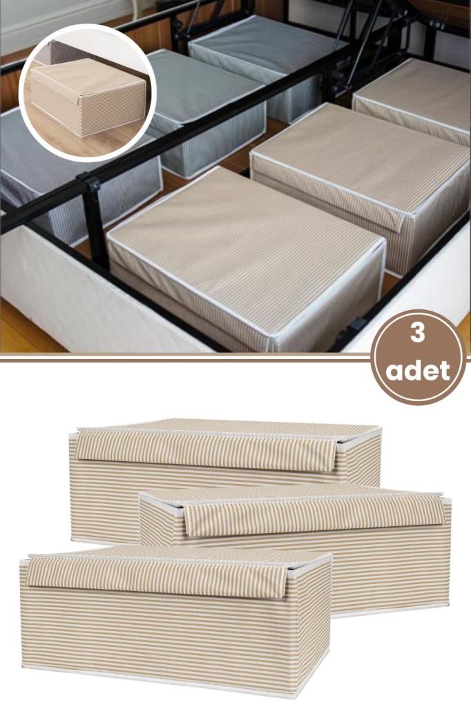 Flora Baza Kutu Hurç, Yatak Kanepe Altı Düzenleyici Su Geçirmez Mukavva Destekli (50x40x19cm) 3 Adet Kahve
