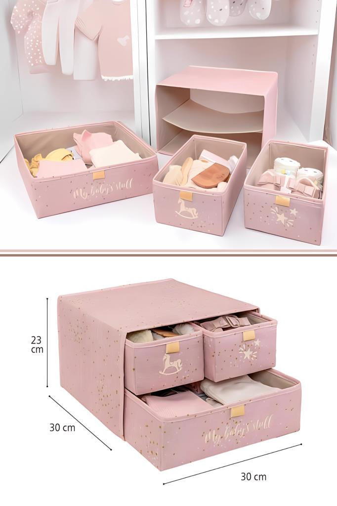 Flora 3 Bölmeli Baby Çekmece, Yenidoğan Bebek Kıyafet Çamaşır Patik Bez Düzenleyici Kutu Pembe