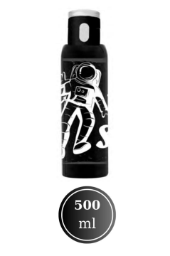 Flosoft Uzay Matara, Astronot Desenli Düğmeli Okul Suluğu, Sızdırmaz Öğrenci Suluk 500ml Siyah