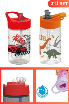 Flosoft Yarış Arabası Pipetli Çocuk Matara, Racer Desen Kapaklı Su Süt Meşrubat Bardağı 430ml