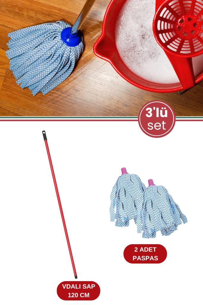 Standart Mop Temizlik Kovalarıyla Uyumlu Sap ve Paspas Seti, 120cm Vidalı Metal Sap + 2 Adet Paspas