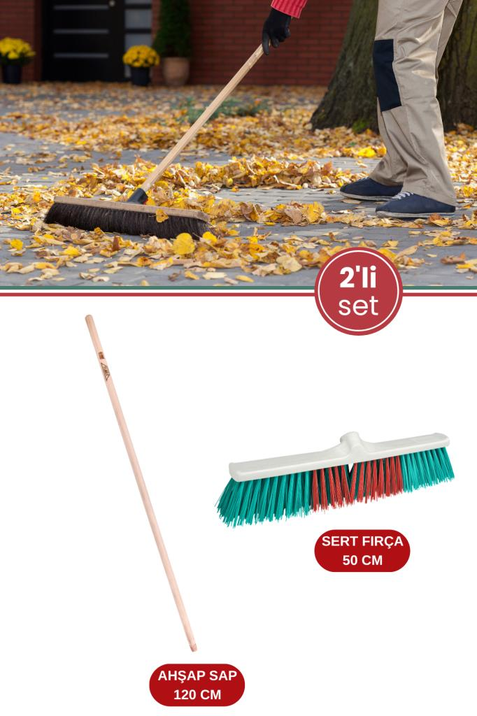 Dış Mekan Fırça ve Sap Temizlik Set, Bahçe Yaprak Moloz Süpürme Fırçası 50cm + Vidalı Ağaç Sap 120cm
