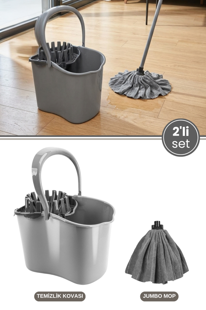 2’li Temizlik Seti Gri, Sıkmalı Temizlik Yer Silme Kovası + Süper Emici Mikrofiber Jombo Mop