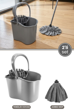 2’li Temizlik Seti Gri, Sıkmalı Temizlik Yer Silme Kovası + Süper Emici Mikrofiber Jombo Mop