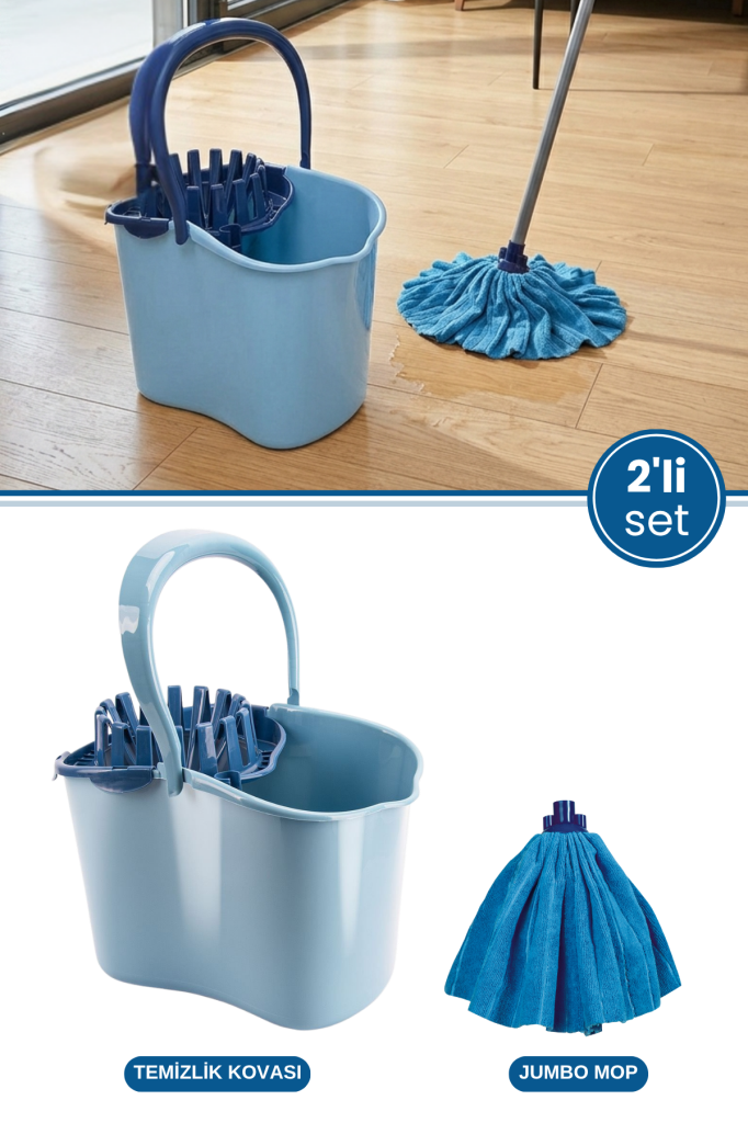 Flora 2’li Temizlik Seti Mavi, Sıkmalı Temizlik Yer Silme Kovası + Süper Emici Mikrofiber Jumbo Mop