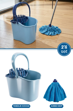 Flora 2’li Temizlik Seti Mavi, Sıkmalı Temizlik Yer Silme Kovası + Süper Emici Mikrofiber Jumbo Mop