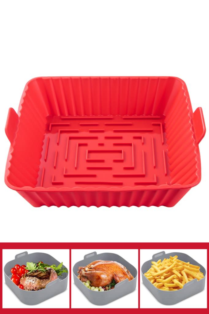 Onikiden Yanmaz Yapışmaz Airfryer Silikon Kare Pişirme Kabı SL101 - Tüm Fritözlerle Uyumlu 20x20cm Kırmızı