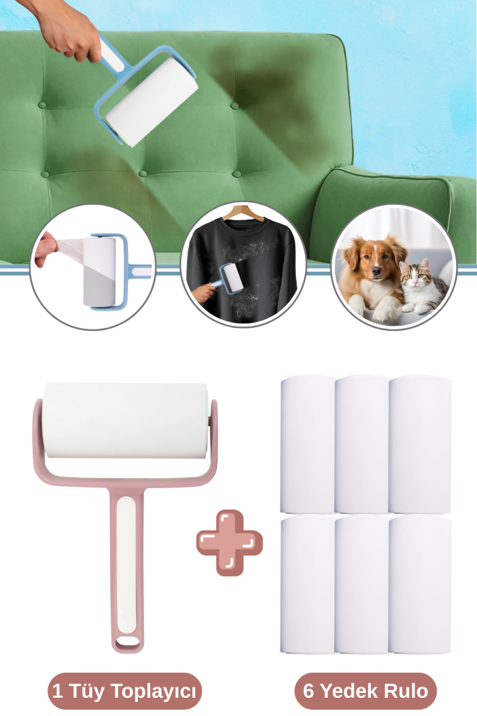 Tüy Toplayıcı ve 6 Adet Yedek Rulo Seti, Kedi Köpek Kıyafet Halı Koltuk Yapışkanlı Rulo Seti Pembe