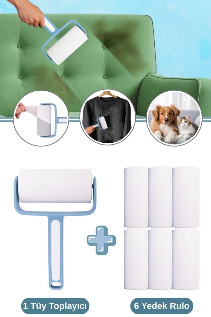 Tüy Toplayıcı ve 6 Adet Yedek Rulo Seti, Kedi Köpek Kıyafet Halı Koltuk Yapışkanlı Rulo Seti Mavi