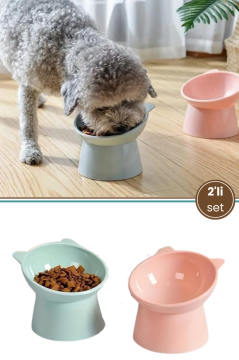 2'li Kedi Köpek Mama ve Su Kabı Seti, Evcil Hayvan Boyun Ve Bıyık Sağlığı İçin Özel Mama ve Su Kabı