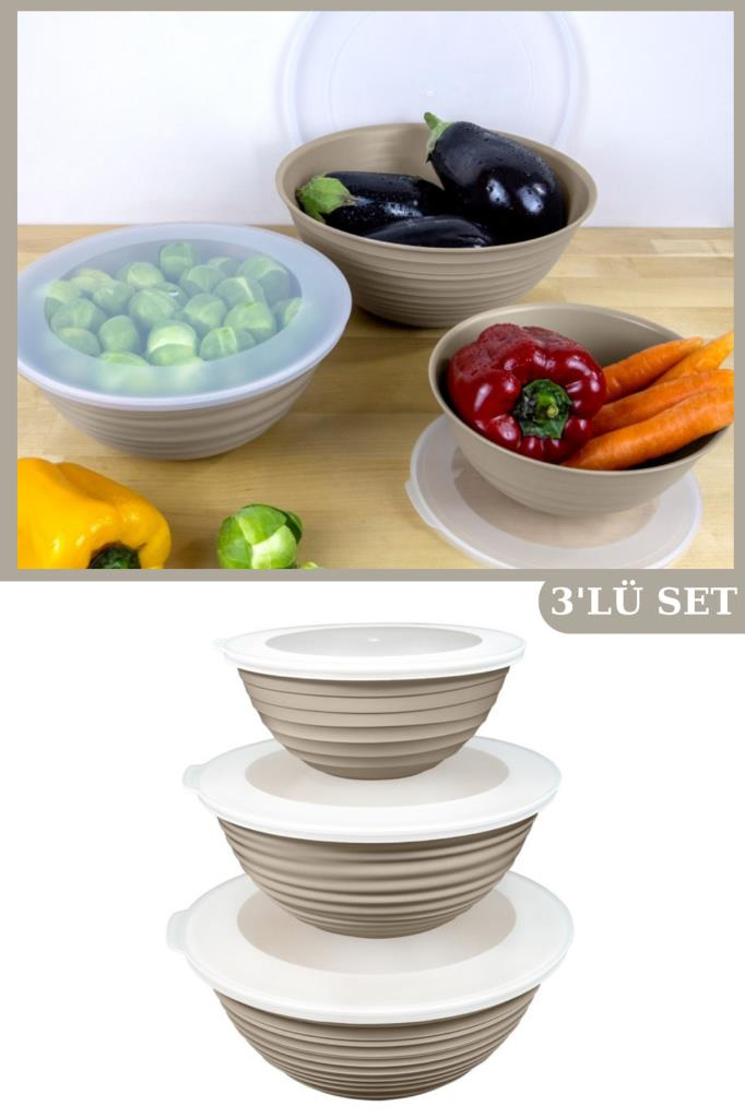 Flora 3 Boy Kapaklı Yuvarlak Kase, Çok Amaçlı Erzak Gıda Saklama Kabı 3’lü Set (3lt, 2lt, 1lt)