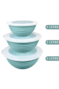 Flora 3 Boy Kapaklı Yuvarlak Kase, Çok Amaçlı Erzak Gıda Saklama Kabı 3’lü Set (3lt, 2lt, 1lt) Turkuaz