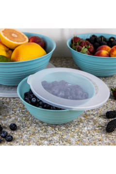 Flora 3 Boy Kapaklı Yuvarlak Kase, Çok Amaçlı Erzak Gıda Saklama Kabı 3’lü Set (3lt, 2lt, 1lt) Turkuaz