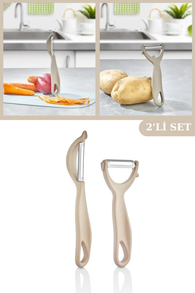 2 Adet Çok Amaçlı Yan ve Sapan Soyacak, Meyve Sebze Paslanmaz Çelik Bıçaklı Soyucu 2’li Set Kahve