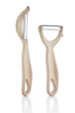 2 Adet Çok Amaçlı Yan ve Sapan Soyacak, Meyve Sebze Paslanmaz Çelik Bıçaklı Soyucu 2’li Set Kahve