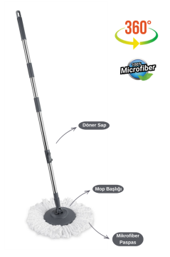 Flora Balerina Döner Başlıklı Mop Sap Seti F181, Saplı Başlıklı Mikrofiber Temizlik Paspası Gri