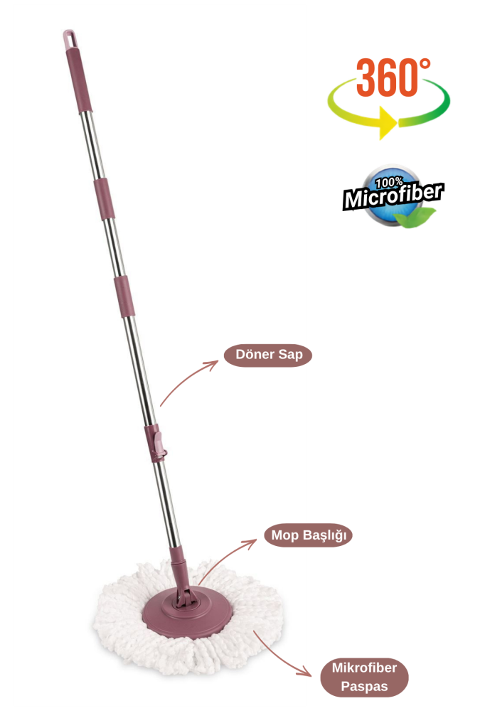 Flora Balerina Döner Başlıklı Mop Sap Seti F181, Saplı Başlıklı Mikrofiber Temizlik Paspası Pembe