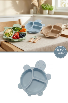 Kaplumbağa Figürlü 3 Bölmeli Bebek Mama Tabağı, Ek Gıda Beslenme Tabağı Plastik BPA Free Yeşil
