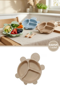 Kaplumbağa Figürlü 3 Bölmeli Bebek Mama Tabağı, Ek Gıda Beslenme Tabağı Plastik BPA Free Kahve
