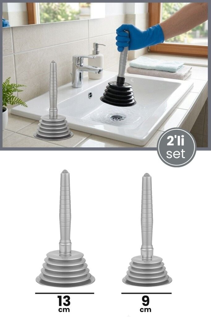2'li Körüklü Vantuz Pompa Seti, Büyük + Küçük Mutfak Banyo Lavabo Küvet Gider Açıcı El Pompası Gri