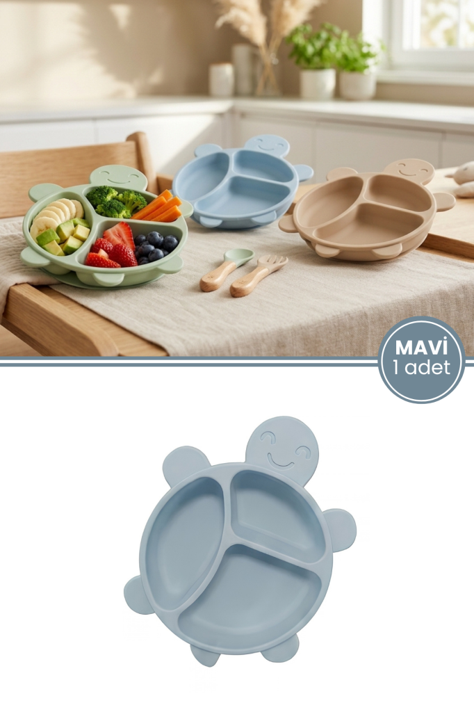 Kaplumbağa Figürlü 3 Bölmeli Bebek Mama Tabağı, Ek Gıda Beslenme Tabağı Plastik BPA Free Mavi