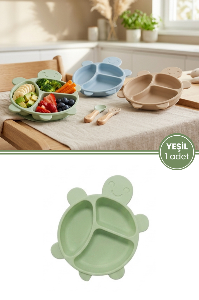 Kaplumbağa Figürlü 3 Bölmeli Bebek Mama Tabağı, Ek Gıda Beslenme Tabağı Plastik BPA Free Yeşil