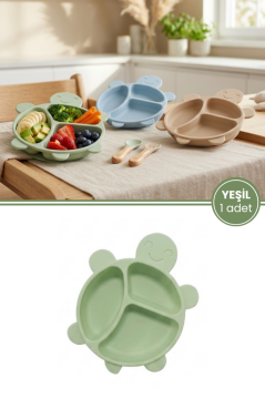 Kaplumbağa Figürlü 3 Bölmeli Bebek Mama Tabağı, Ek Gıda Beslenme Tabağı Plastik BPA Free Yeşil