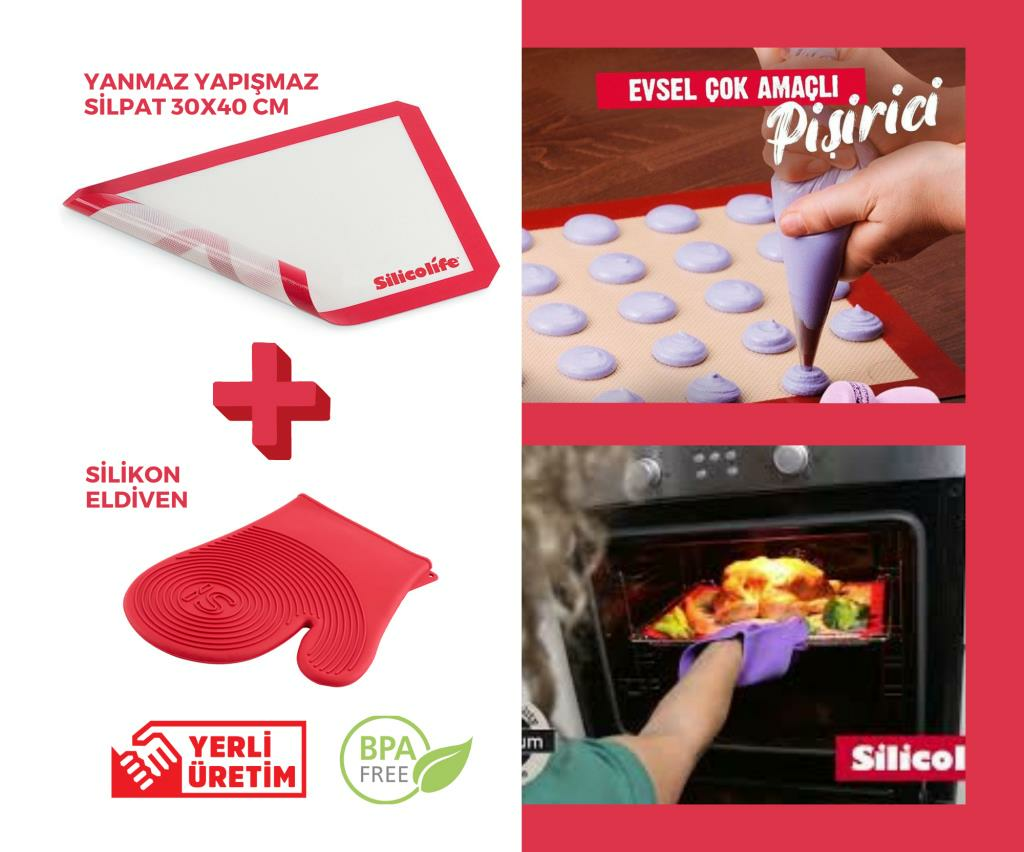 Profesyonel Silpat, Yanmaz Yapışmaz, Yıkanabilir, Silikon Pişirme Matı 30x40cm Ve Fırın Eldiveni Seti