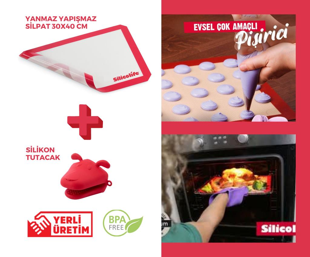 Profesyonel Silpat, Yanmaz Yapışmaz, Yıkanabilir, Silikon Pişirme Matı 30x40cm Ve Fırın Tutacağı Set