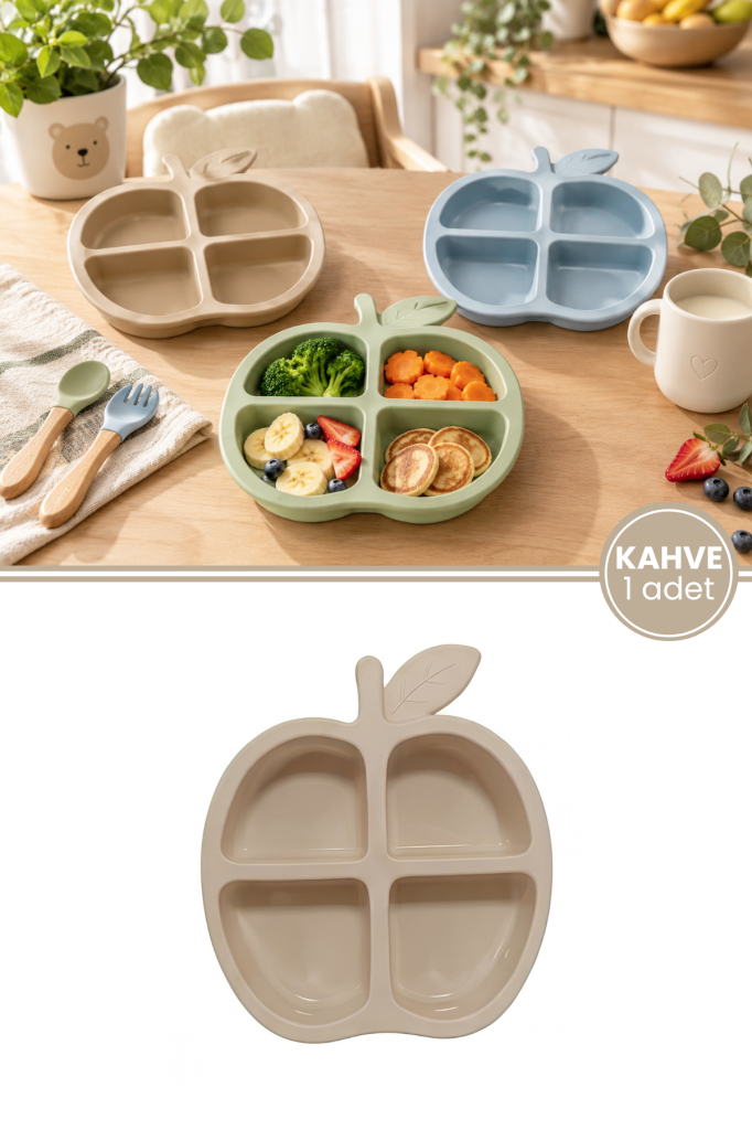 Elma Figürlü 4 Bölmeli Bebek Mama Tabağı, Ek Gıda Beslenme Tabağı Plastik BPA Free