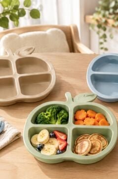 Elma Figürlü 4 Bölmeli Bebek Mama Tabağı, Ek Gıda Beslenme Tabağı Plastik BPA Free