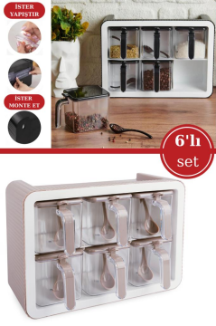 6’lı Baharatlık Seti, Standlı Kaşıklı Kapaklı Yapışkanlı Baharat Erzak Saklama Takımı Kahve