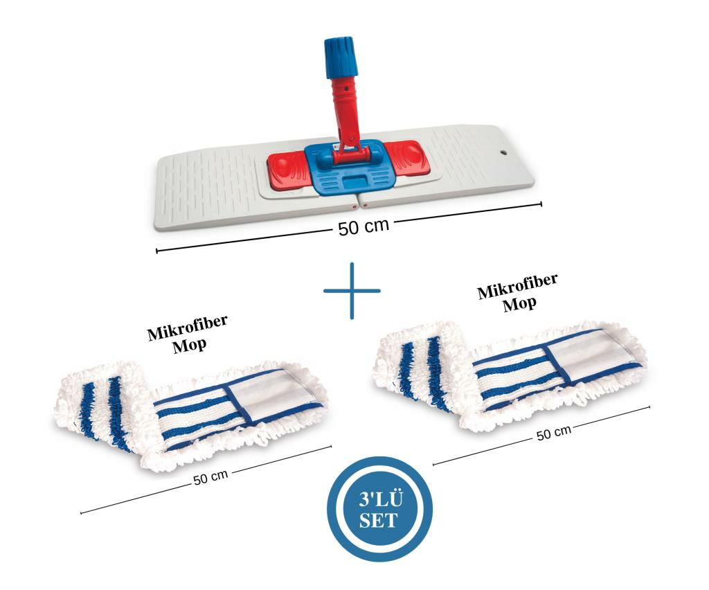 FLORA ENDÜSTRİYEL NEMLİ MOP APARATI 50 CM VE 2 ADET MİKROFİBER NEMLİ MOP 50 CM SETİ