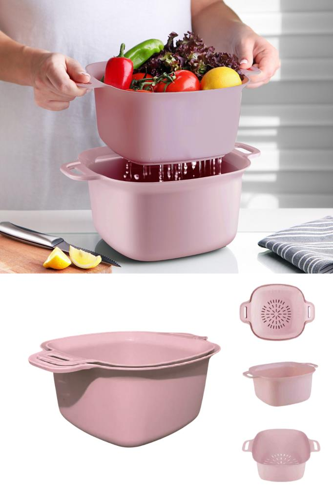 Badyalı Çok Amaçlı Süzgeç, Kulplu Makarna Meyve Sebze Süzgeci ve Karıştırma Kabı Seti 4 Litre Pembe