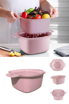 Badyalı Çok Amaçlı Süzgeç, Kulplu Makarna Meyve Sebze Süzgeci ve Karıştırma Kabı Seti 4 Litre Pembe