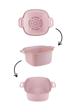 Badyalı Çok Amaçlı Süzgeç, Kulplu Makarna Meyve Sebze Süzgeci ve Karıştırma Kabı Seti 4 Litre Pembe