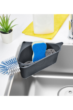 Süzgeçli Lavabo İçi Köşe Düzenleyici, Mutfak Evye Organizeri Bulaşık Süngerliği Fırça Tutucu Gri