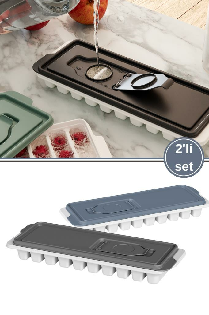 2 Adet Kapaklı Çubuk Bölmeli Buzluk, 10 Bölmeli Çubuk Model Çikolata ve Buz Kalıbı 2’li Set