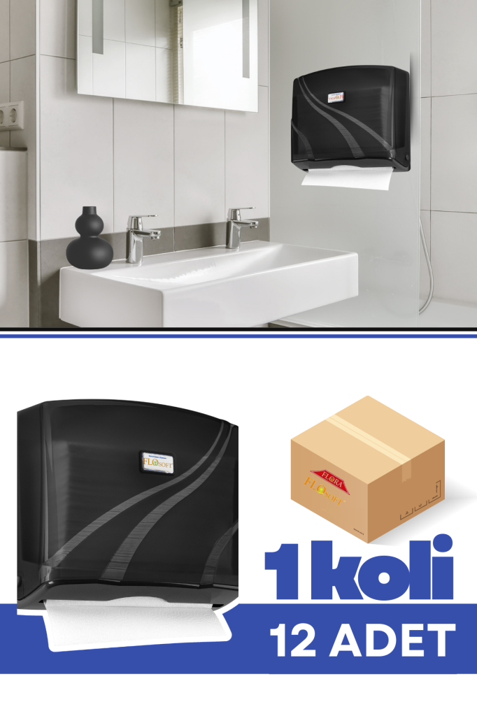 Flosoft F177 200’lü Z Katlamalı Kağıt Havlu Dispenseri 12 Adet Siyah, 200 Kağıt Kapasiteli Duvara Monte Hijyenik Havluluk 1 Koli=12 Adet
