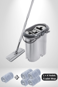 Trio Tablet Mop Seti 14 Lt Gri, 3 Hazneli Yıkama Durulama Kurulama Temizlik Seti + 4 Mikrofiber Mop